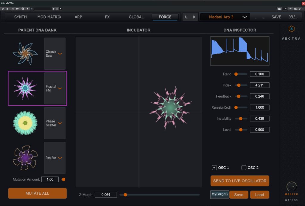 VECTRA Forge interface showing 4-parent wavetable authoring and morphing workflow.
