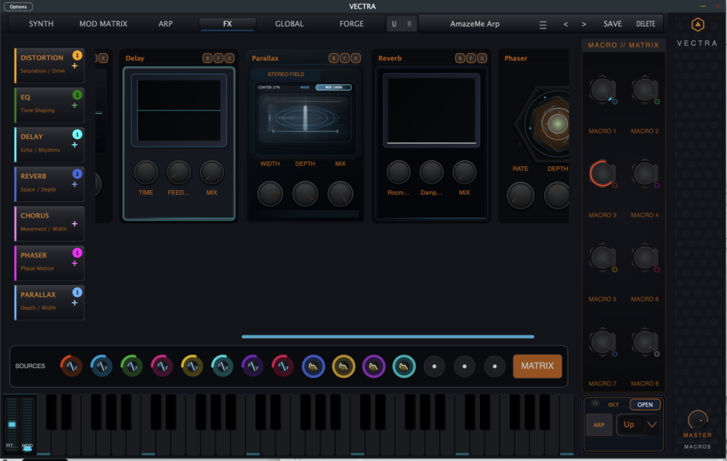 VECTRA Maelstrom FX rack showing modular effects inside the instrument.
