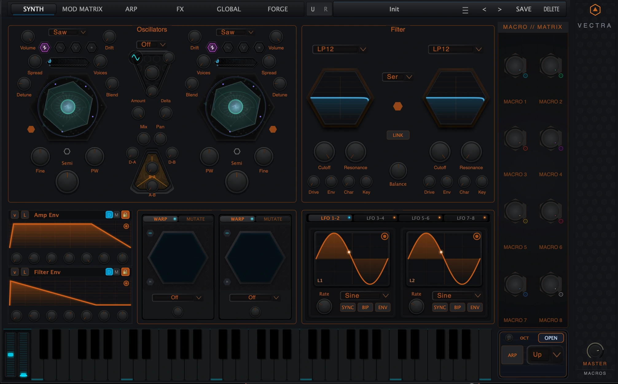 Figure 1. Vectra Synth panel overview: oscillators, Delta/Flux routing, filters, compact envelopes, Prism panels, LFOs, Macro/Matrix and keyboard.