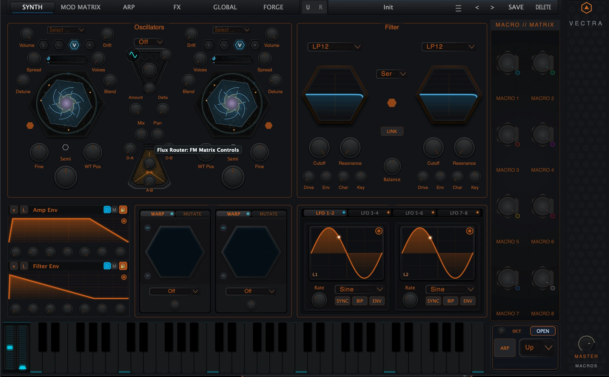 Figure 2. Synth page with active oscillator material, dual filters, compact envelopes, Prism panels, LFOs and Macro/Matrix controls.