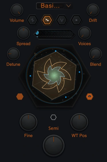 Figure 3. Oscillator close-up: engine buttons, source selector, visualizer and common controls.
