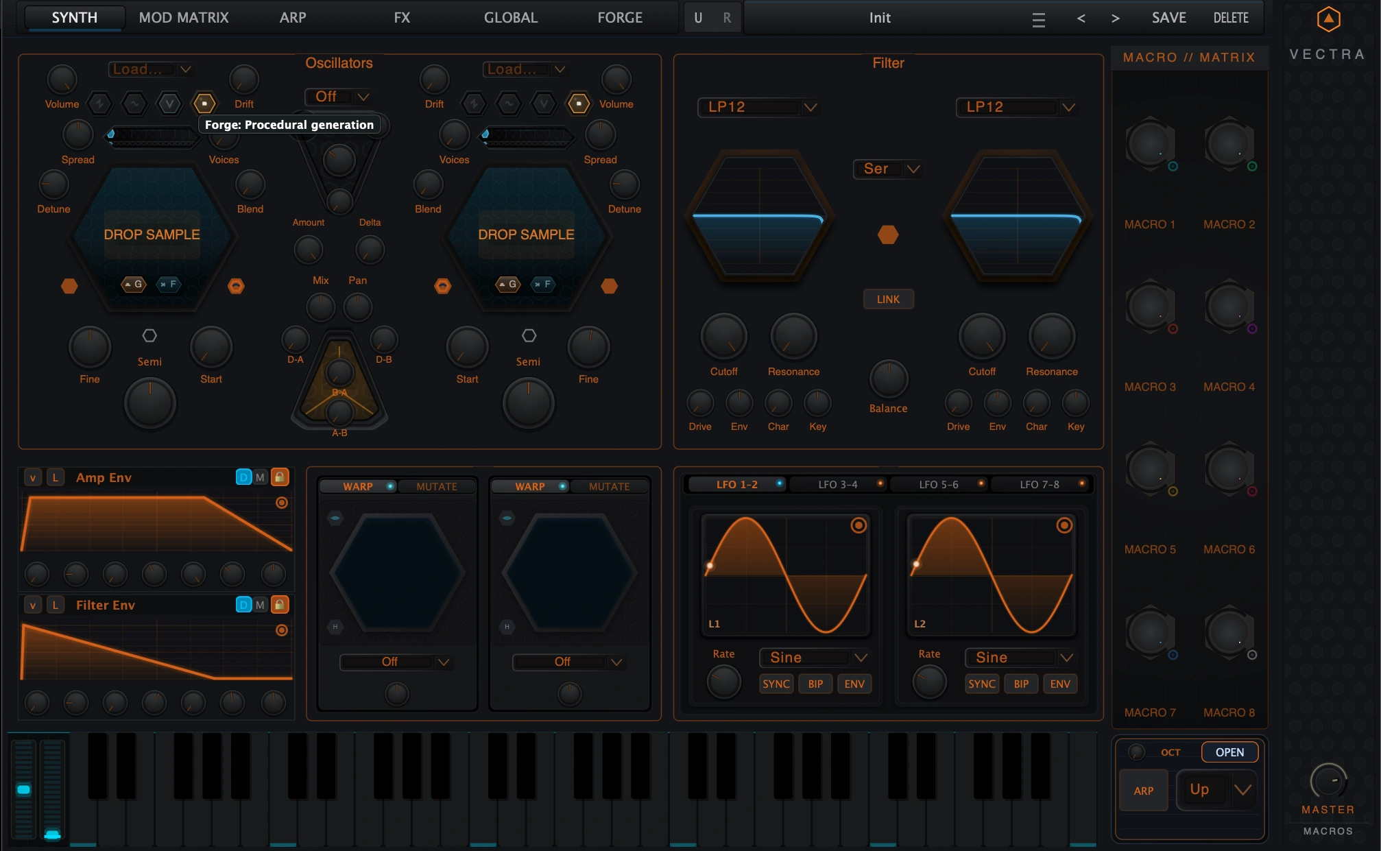 Figure 4. Synth page with Sample engine drop zones. Sample mode accepts audio material as an oscillator source.