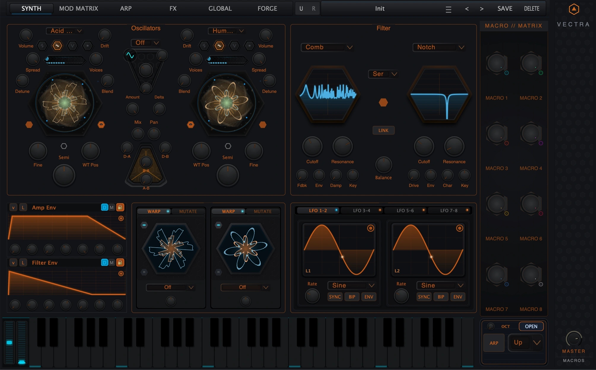 Figure 6. Synth page with Prism Warp/Mutate panels active below the oscillators.