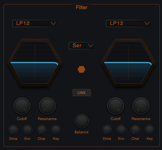 Figure 8. Dual filter section with filter selectors, routing, link, balance and per-filter controls.