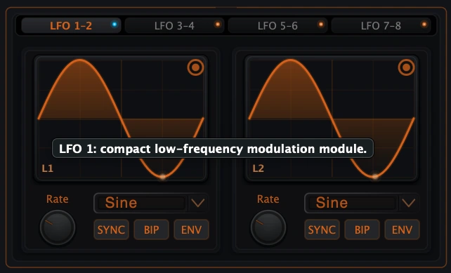Figure 11a. LFO 1-2 pair with waveform preview and mode buttons.