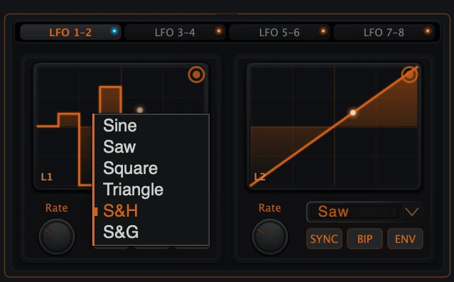 Figure 12. LFO shape menu showing the public shape list.