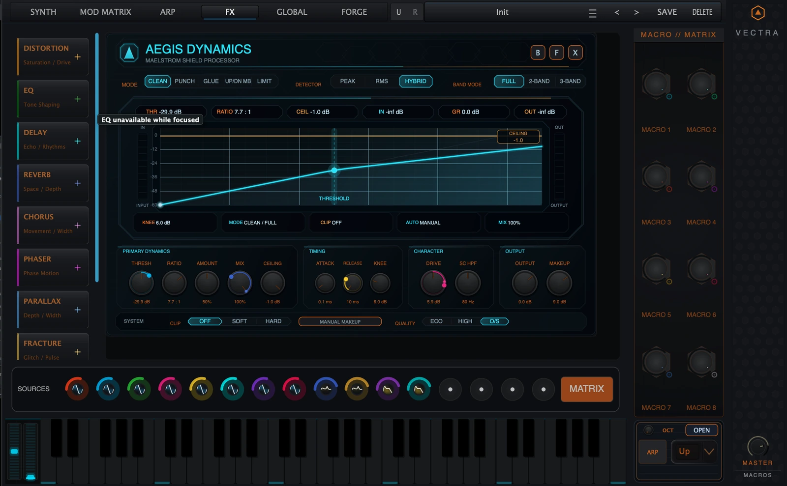 Aegis Dynamics in the VECTRA MAELSTROM FX rack, focused in the central FX slot.