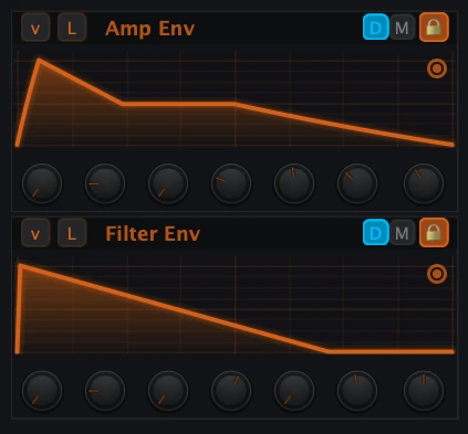 Figure 2. Compact envelope pair: small graph displays, page toggle, label toggle, DAHDSR/MSEG buttons, lock button and compact controls.