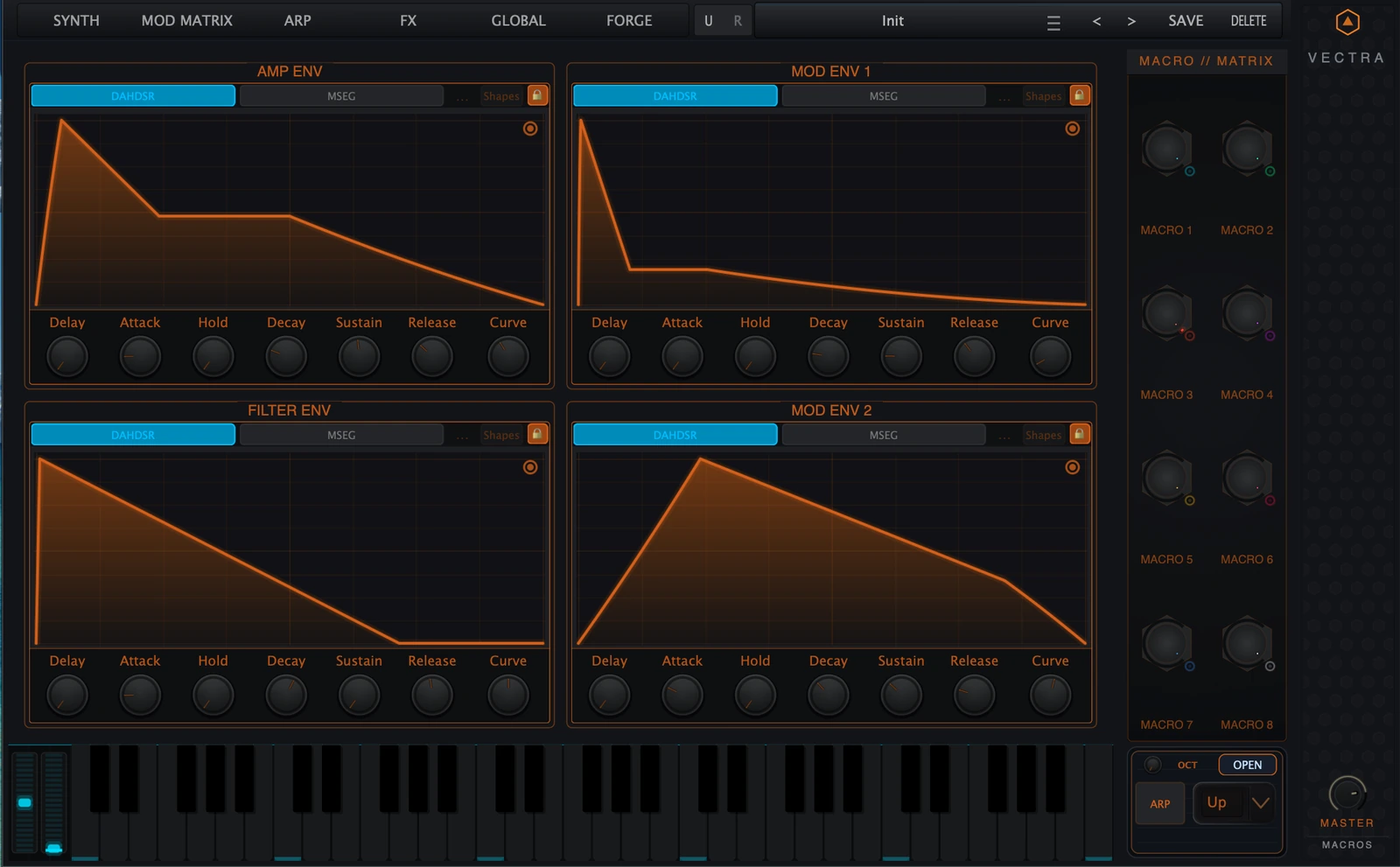 Figure 3. Full four-envelope view in DAHDSR mode: Amp Env, Filter Env, Mod Env 1 and Mod Env 2.