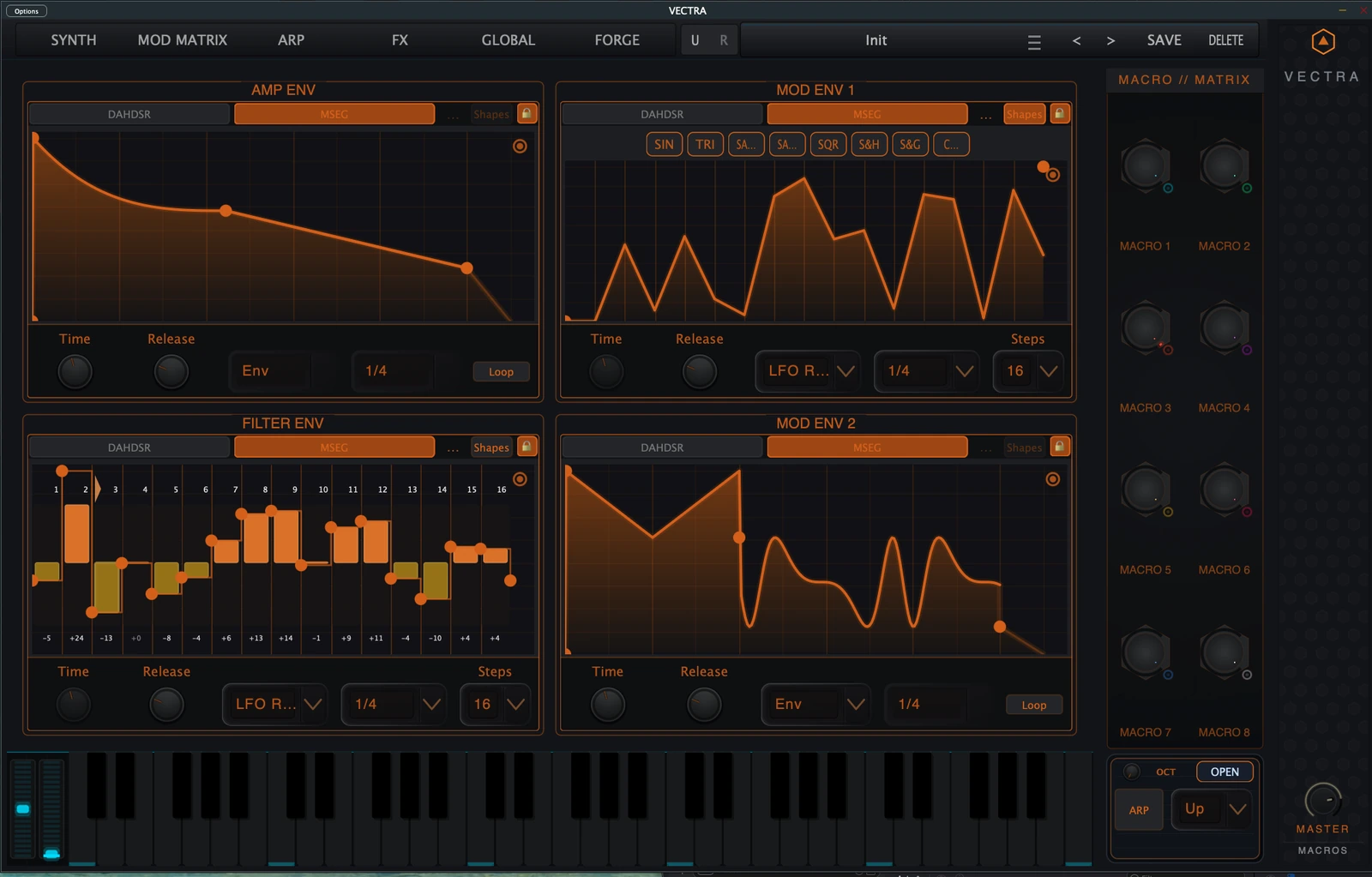 Figure 4. Full four-envelope view in MSEG mode, including Env, LFO, step and shape workflows.
