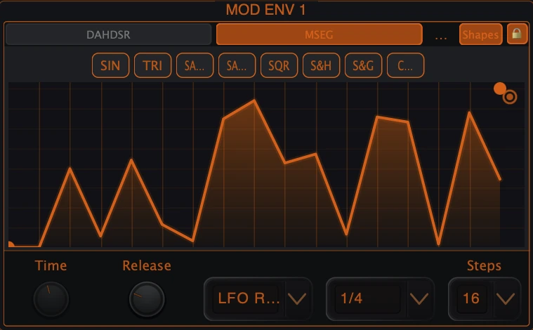 Figure 6. MSEG LFO-style editor: shape toolbar, graph, Time/Release controls, playback mode, Rate and Steps.