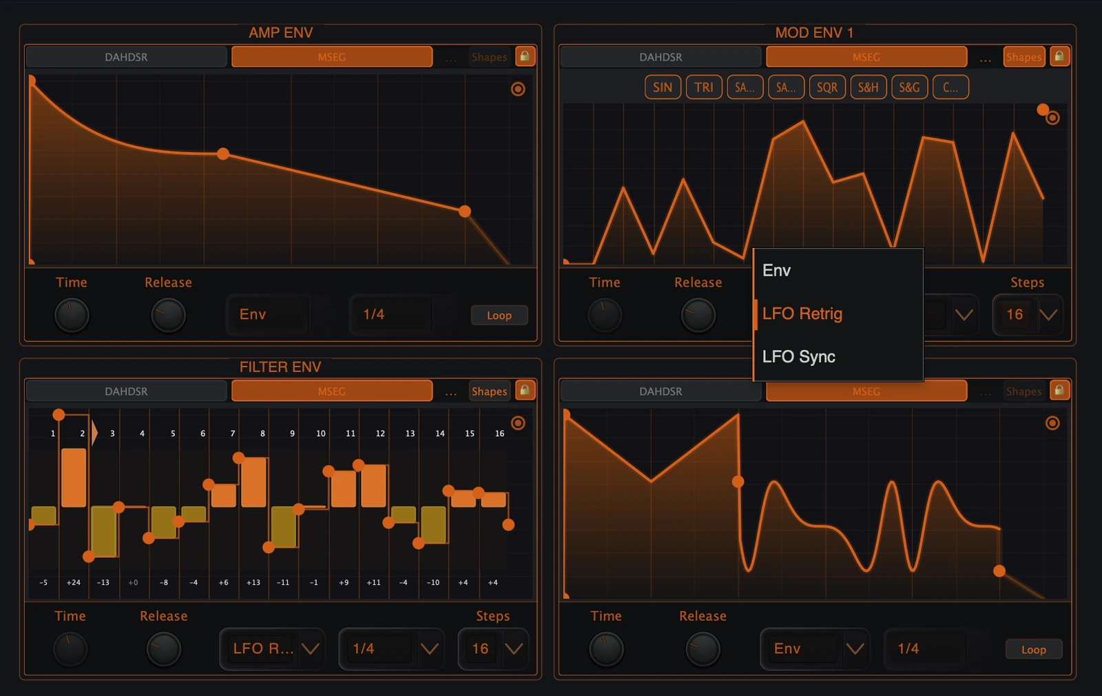 Figure 7. MSEG playback mode selector. Full view names the modes Env, LFO Retrig and LFO Sync.