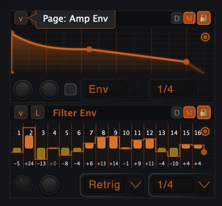 Figure 12. Compact MSEG view with page indicator, D/M buttons and compact Env/Retrig controls.