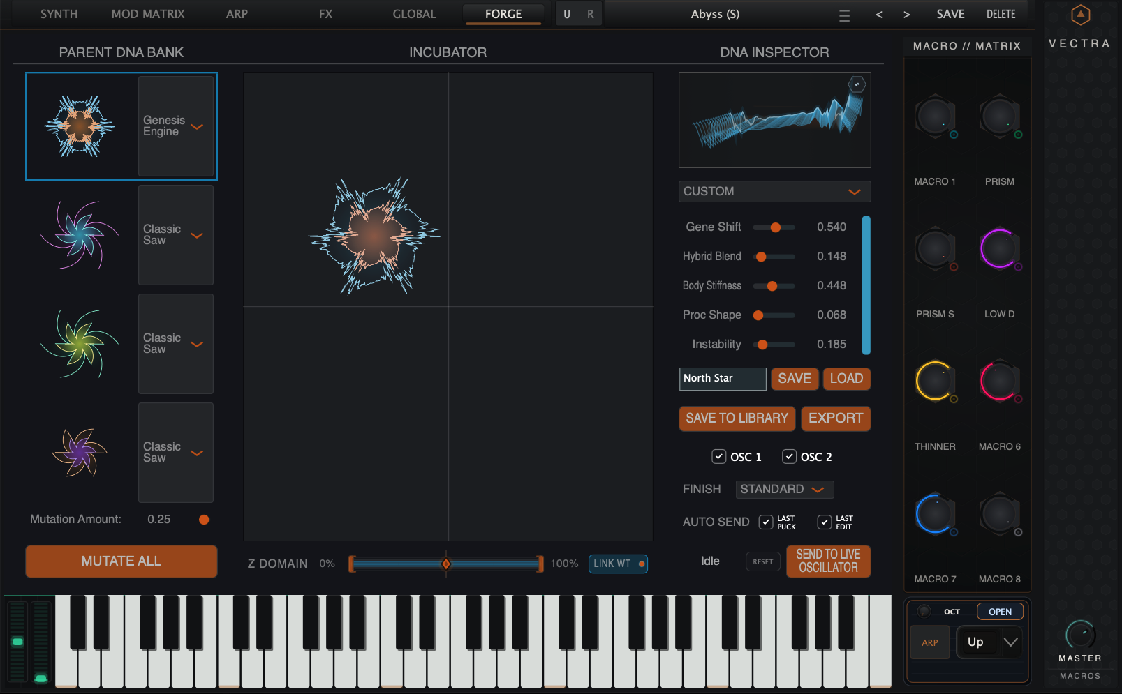 VECTRA Forge interface showing procedural wavetable authoring and live OSC 1/OSC 2 targets.