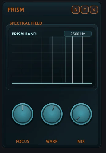 Figure 12. Compact Prism FX card with spectral-band display and Focus, Warp and Mix controls.