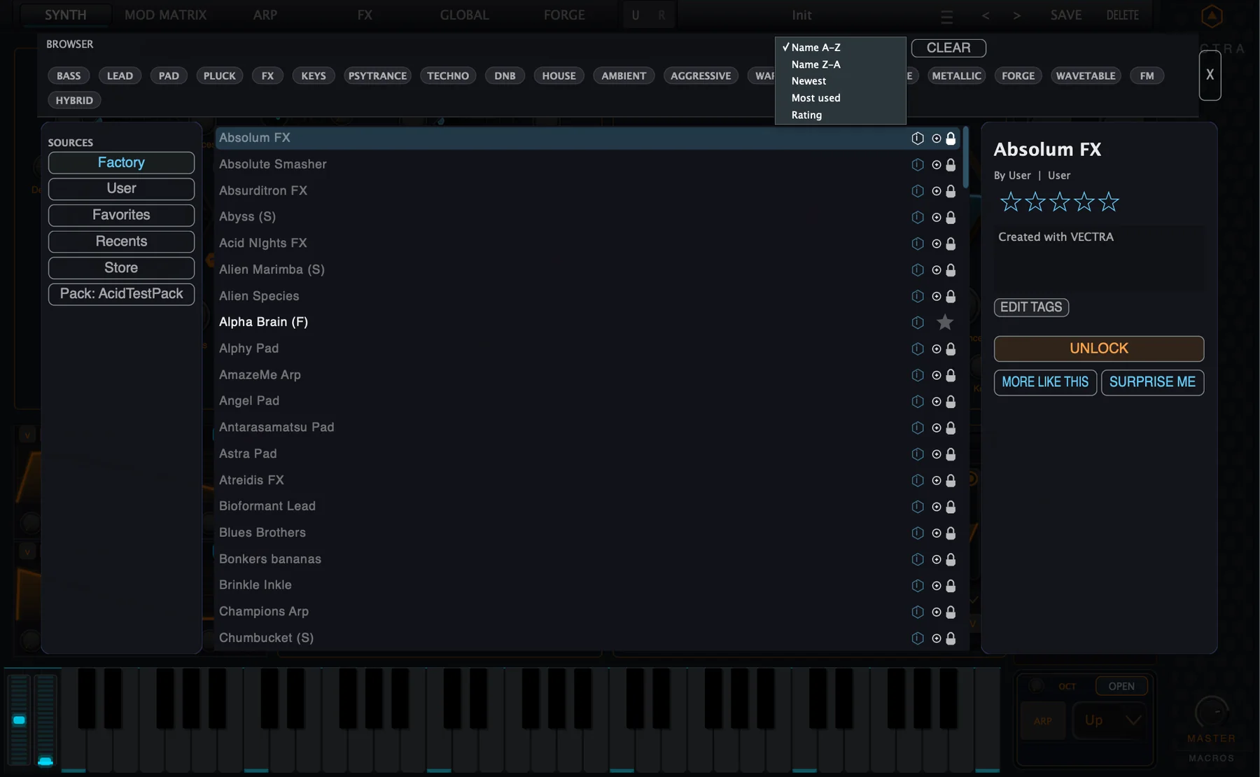 Figure 3. Sort menu with Name A-Z, Name Z-A, Newest, Most used and Rating.