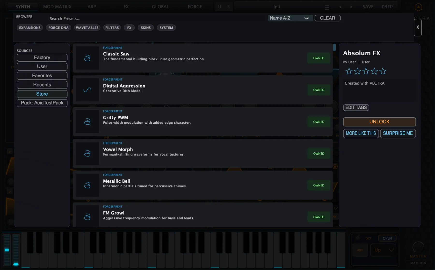 Figure 7. Store view showing owned Vectra content products inside the Preset Browser.