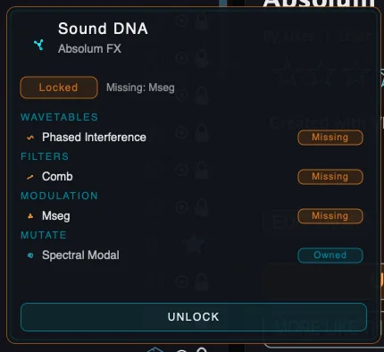 Figure 8. Sound DNA summary showing locked, missing and owned requirements by category.