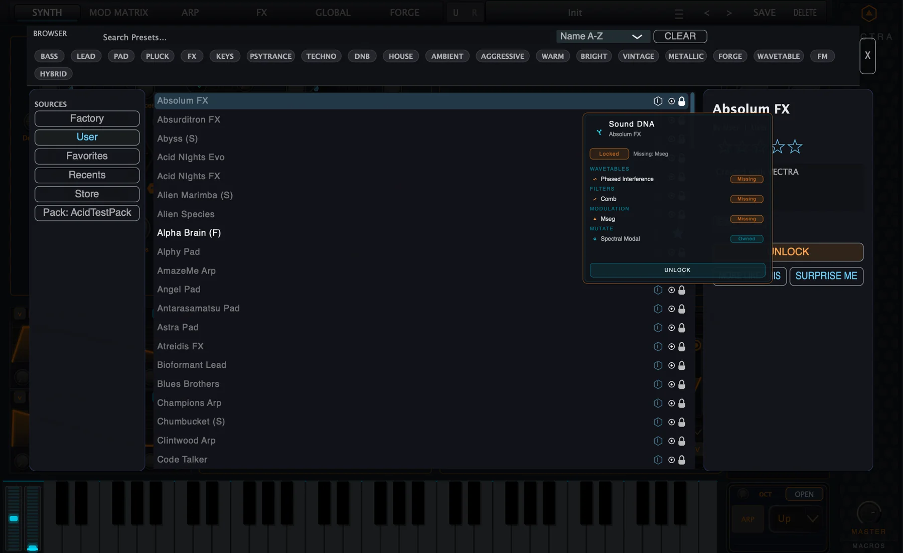 Figure 9. Sound DNA opened inside the Preset Browser beside the selected preset details.