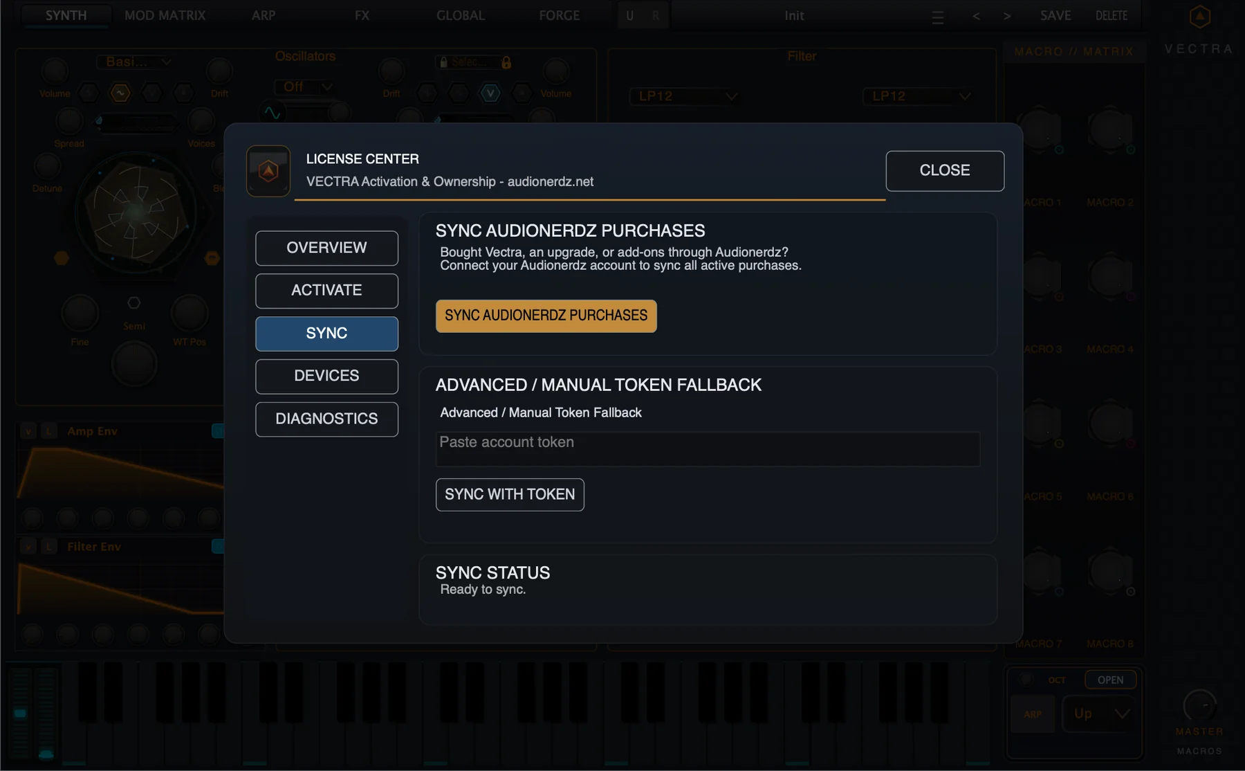 Figure 10. License Center Sync page with Sync Audionerdz Purchases and manual token fallback.