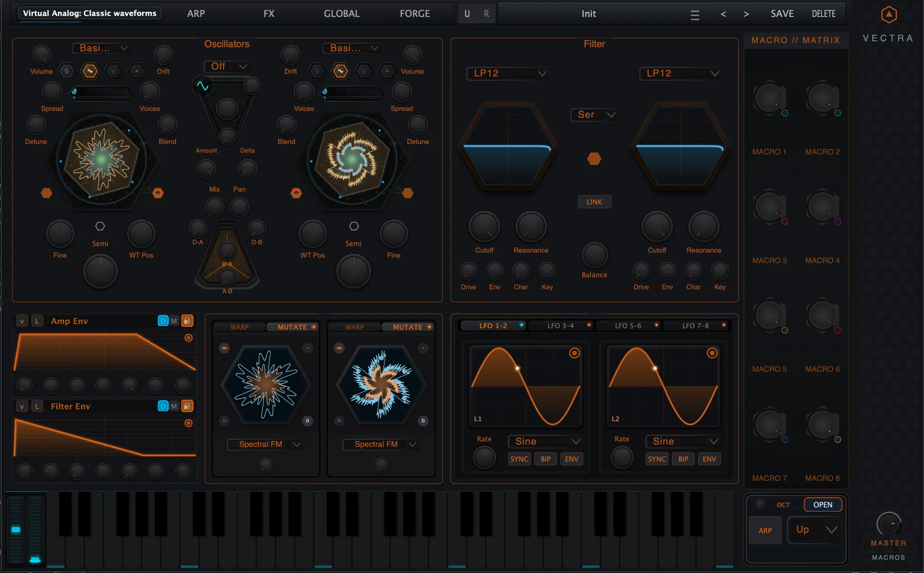 Figure 1. Prism Core in the Synth page, with Warp/Mutate panels below the oscillators.