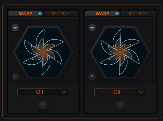 Figure 3. Prism Core in neutral/off state. The two tabs select Warp or Mutate for each oscillator.