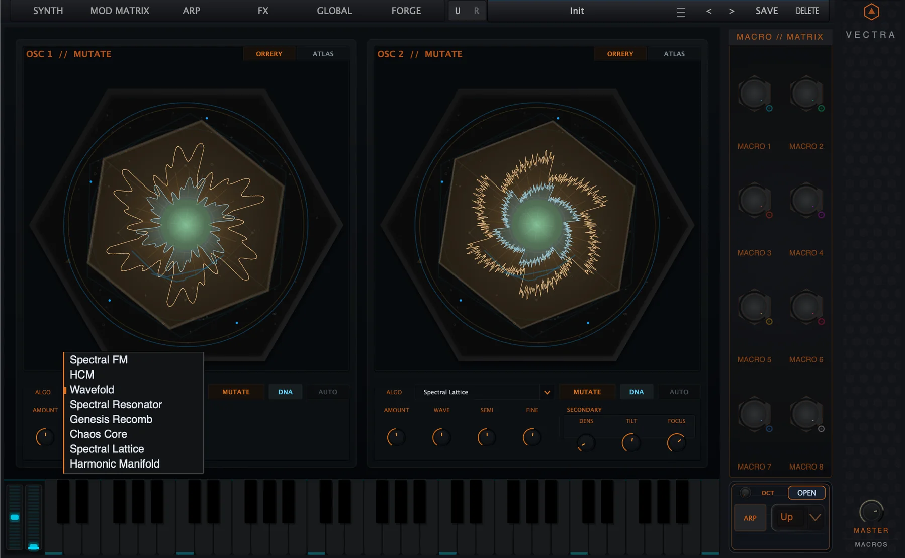 Figure 7. Expanded Mutate Panel. The large view shows both oscillator mutation lanes with Orrery/Atlas displays and mutate controls.