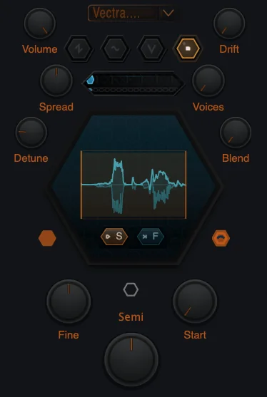 Figure 2. Sample oscillator close-up. The central hex shows the loaded waveform and the dynamic lower-right control becomes Start.