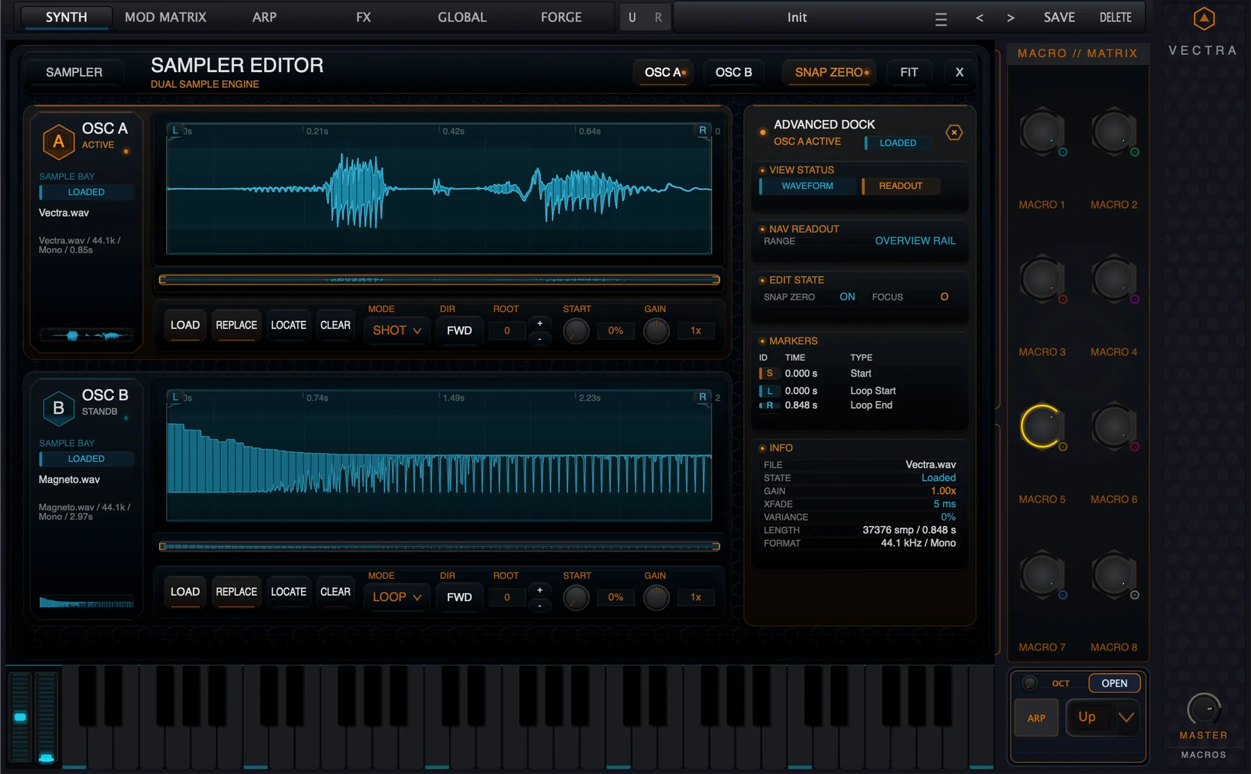 Figure 3. Full Sampler Editor with OSC A and OSC B loaded. The editor shows two sample bays, waveform lanes, editing controls and the Advanced Dock.