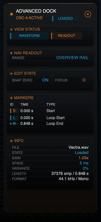 Figure 6. Advanced Dock with view status, navigation readout, edit state, marker table and file information.