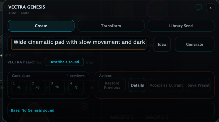 VECTRA Genesis prompt panel showing the Prompt to Preset workflow