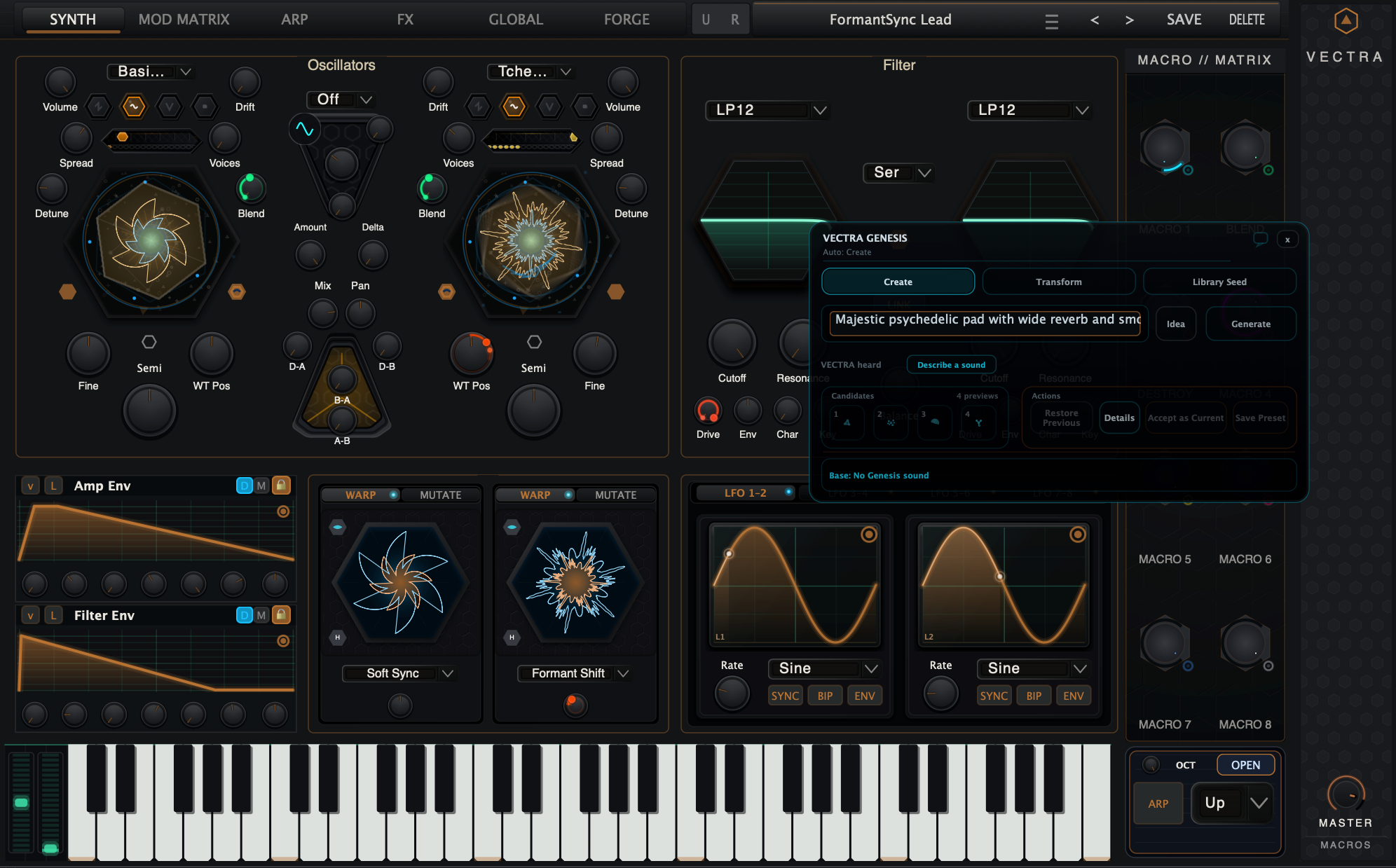 VECTRA Genesis overlay inside the synth interface with Create, Transform, and Library Seed modes.