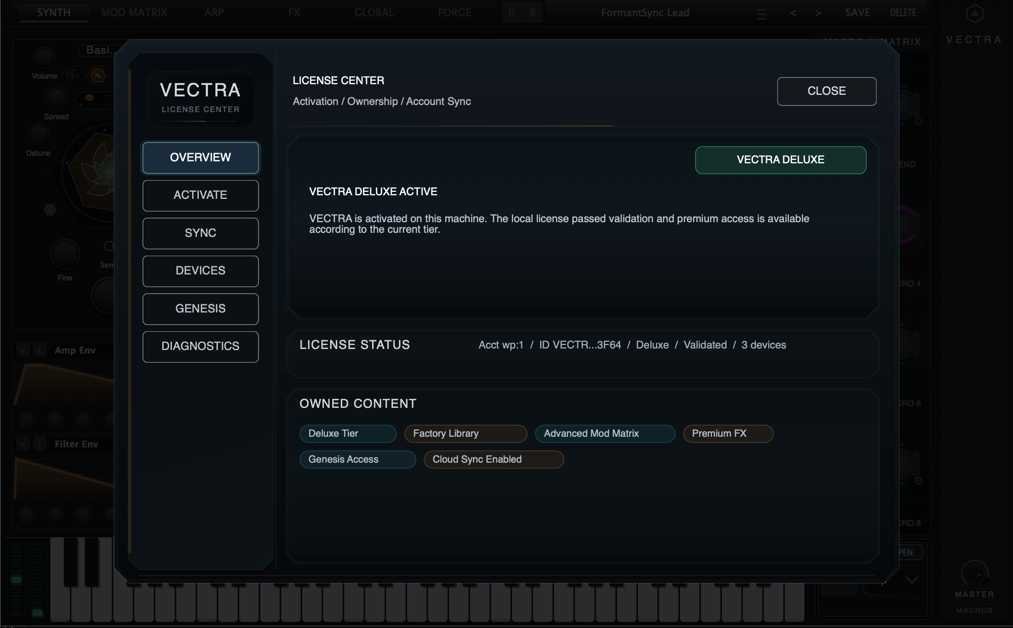 VECTRA License Center showing Deluxe activation and owned content access.