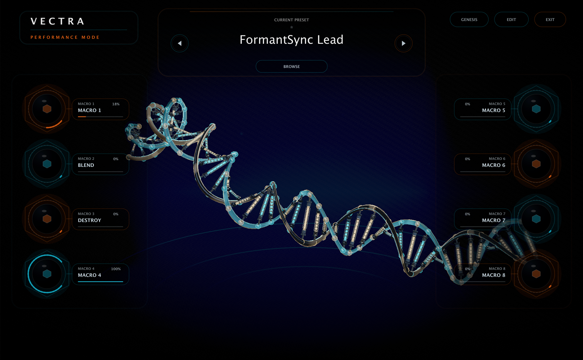 VECTRA Performance Mode showing macro controls and central animated performance visual.