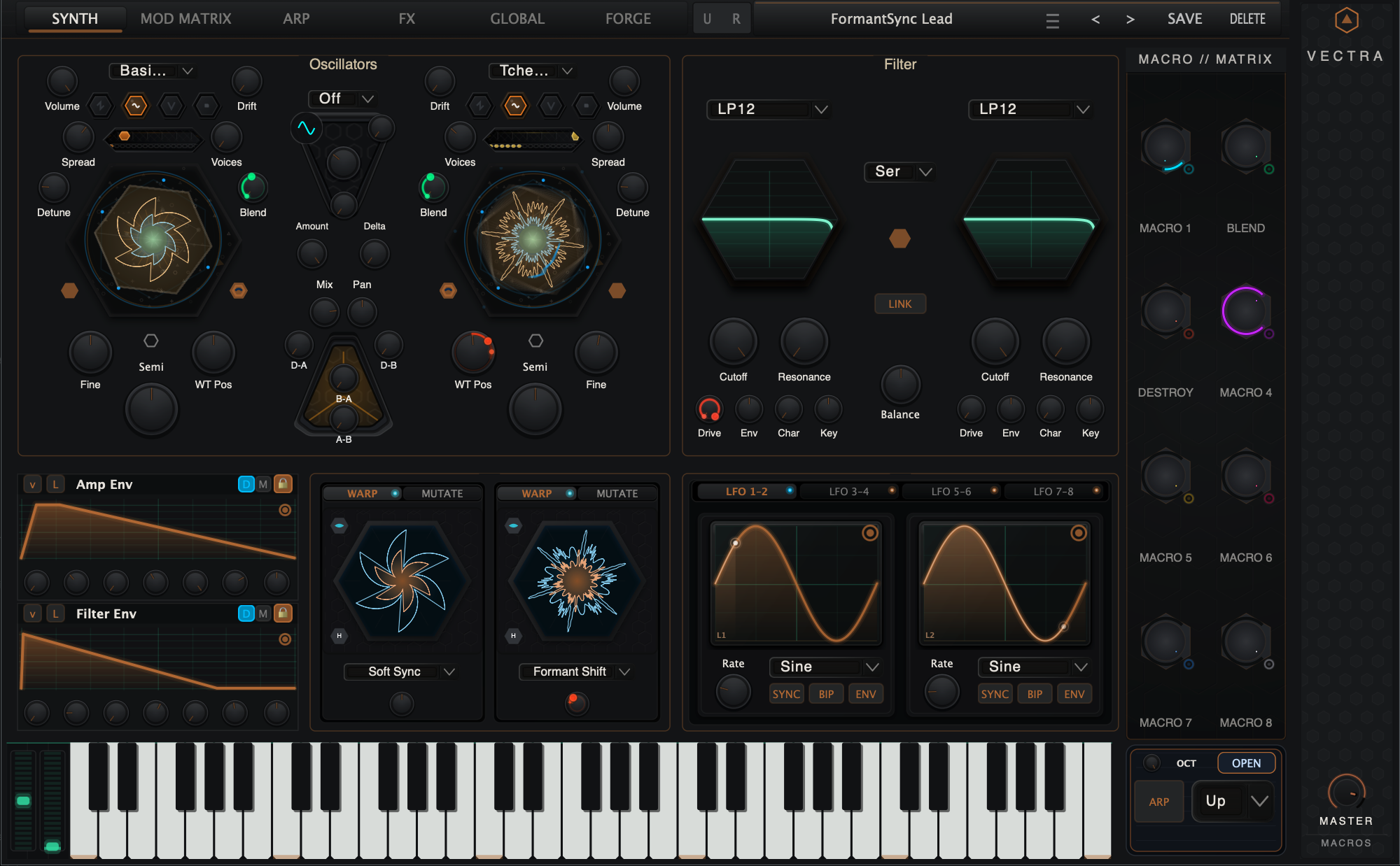 VECTRA synth page showing oscillators, filters, envelopes, modulation, macro matrix, and keyboard.