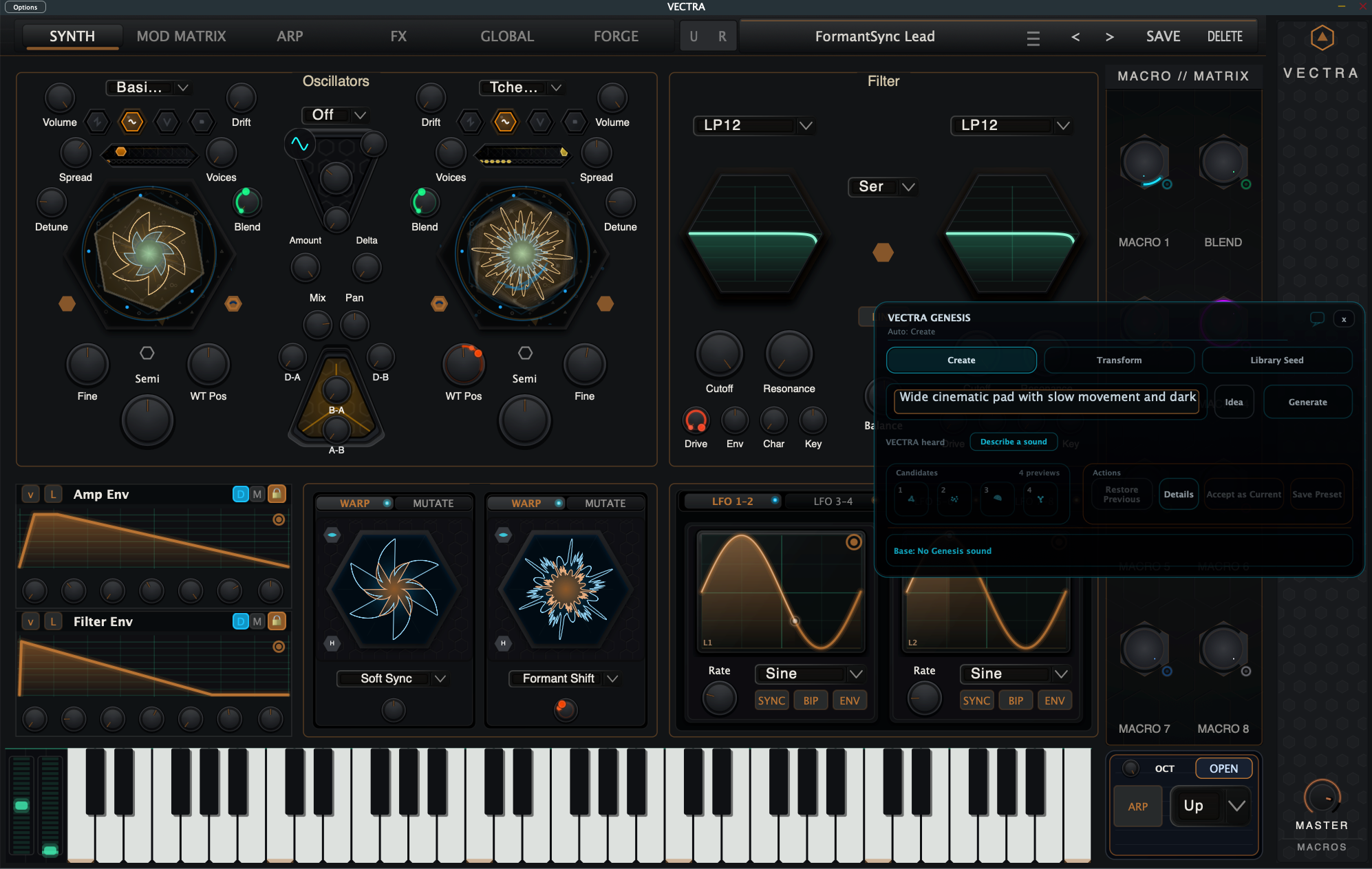 VECTRA synth interface with Genesis overlay inside the instrument
