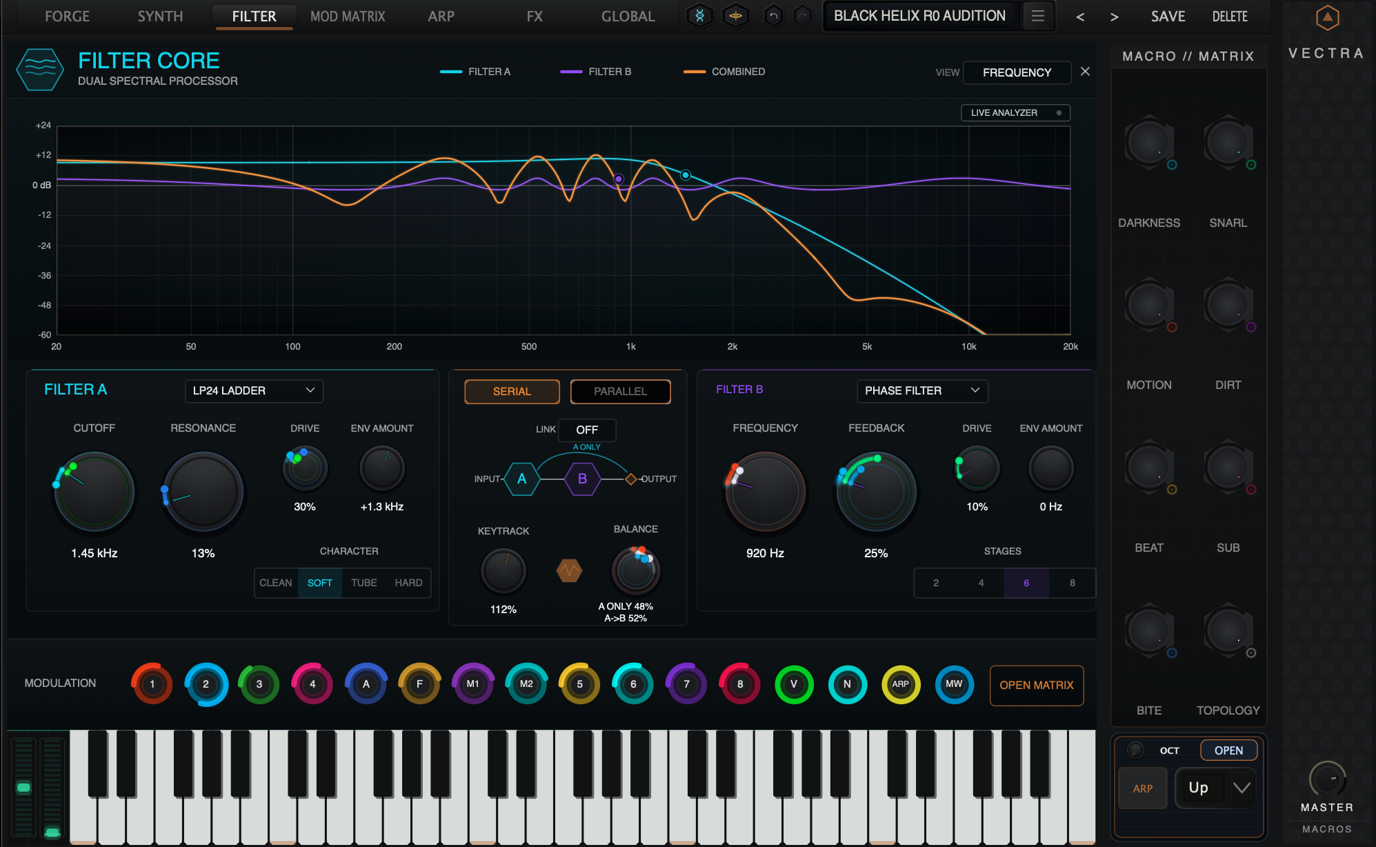FILTER CORE dual spectral processor panel showing Filter A, Filter B and the combined truthful response graph over the live analyzer