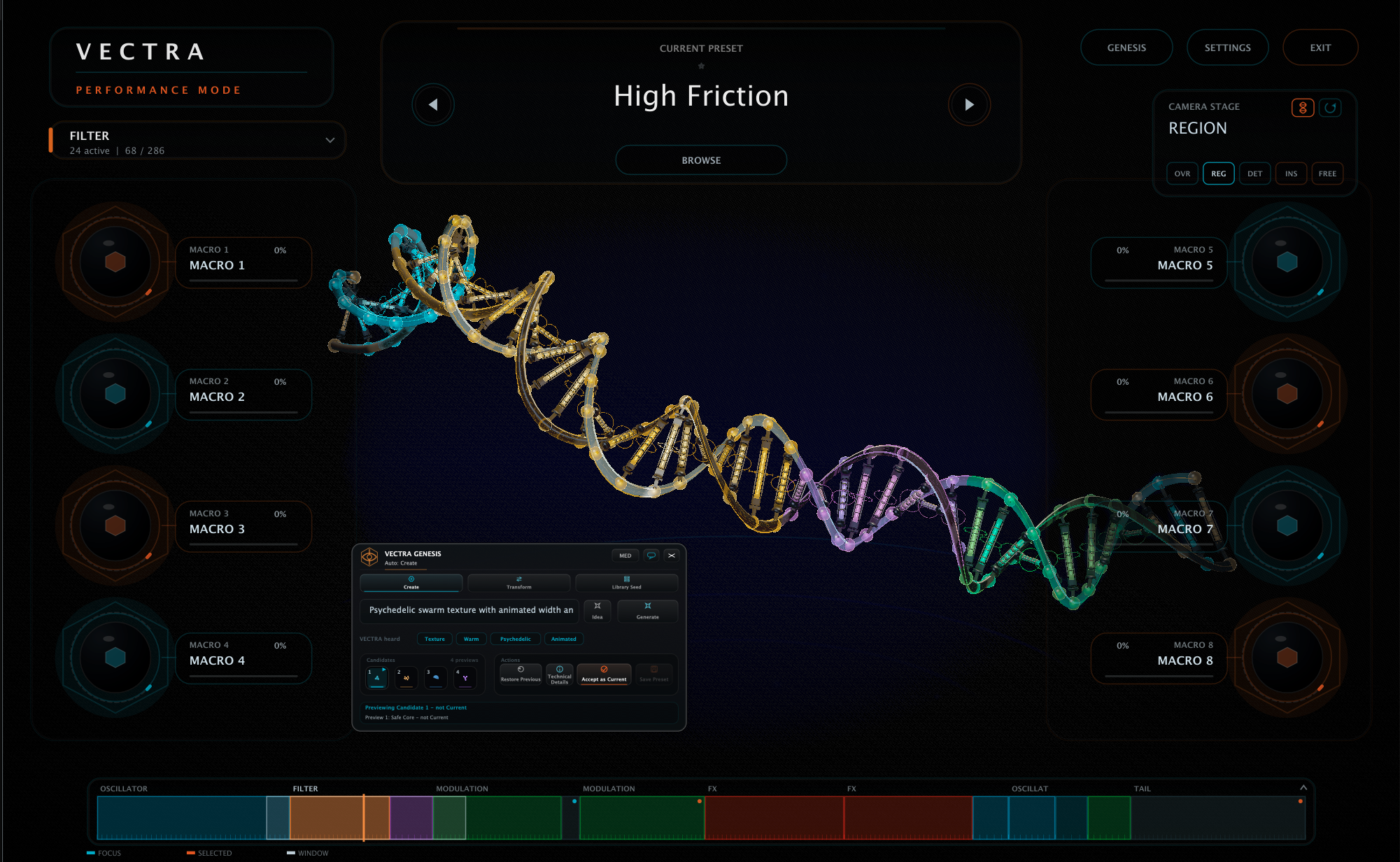 Genome performance mode with the Genesis generation overlay open, previewing a candidate over the living-DNA helix