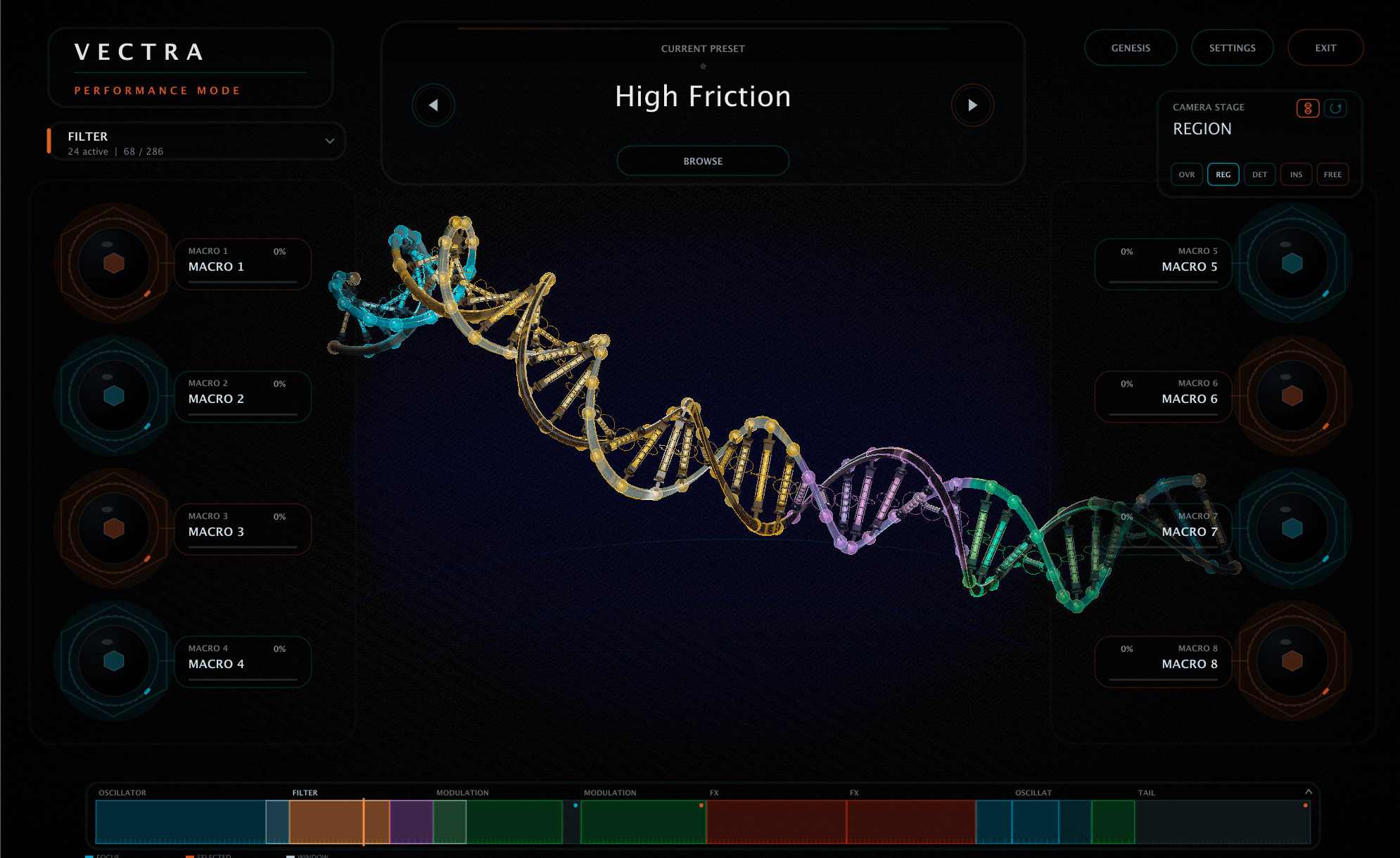 VECTRA 2.1.0 Genome performance mode showing the living-DNA helix strand for the High Friction preset