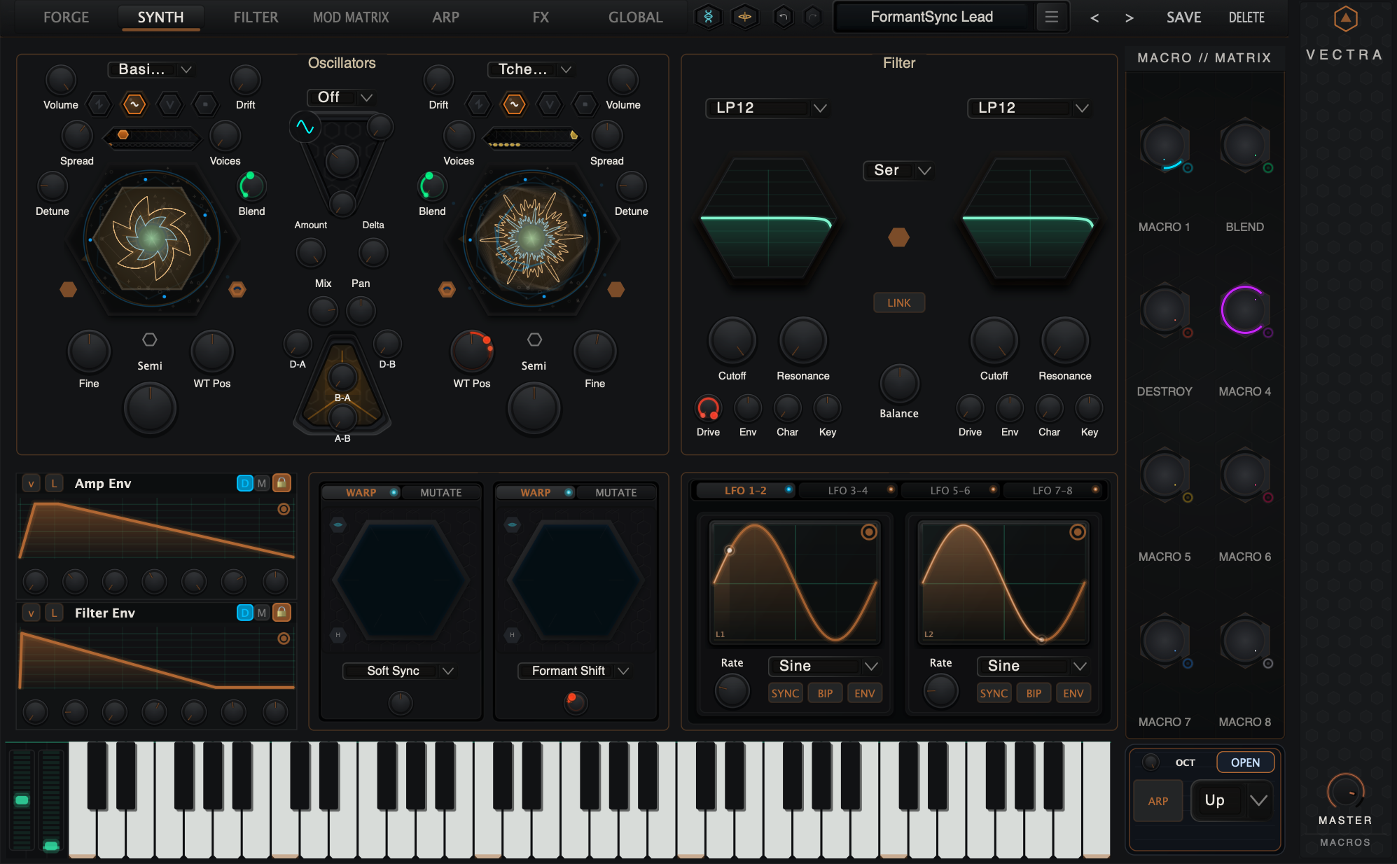 VECTRA synth page for the FormantSync Lead preset showing oscillators, dual filter, envelopes and the macro matrix