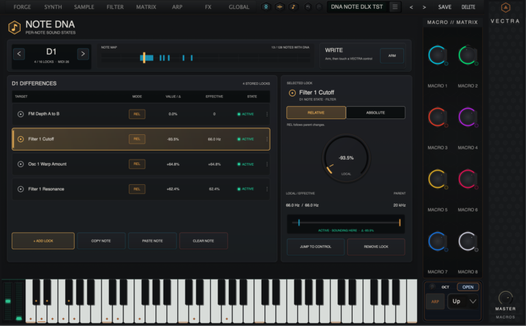 VECTRA NOTE DNA interface showing per-note sound-state authoring