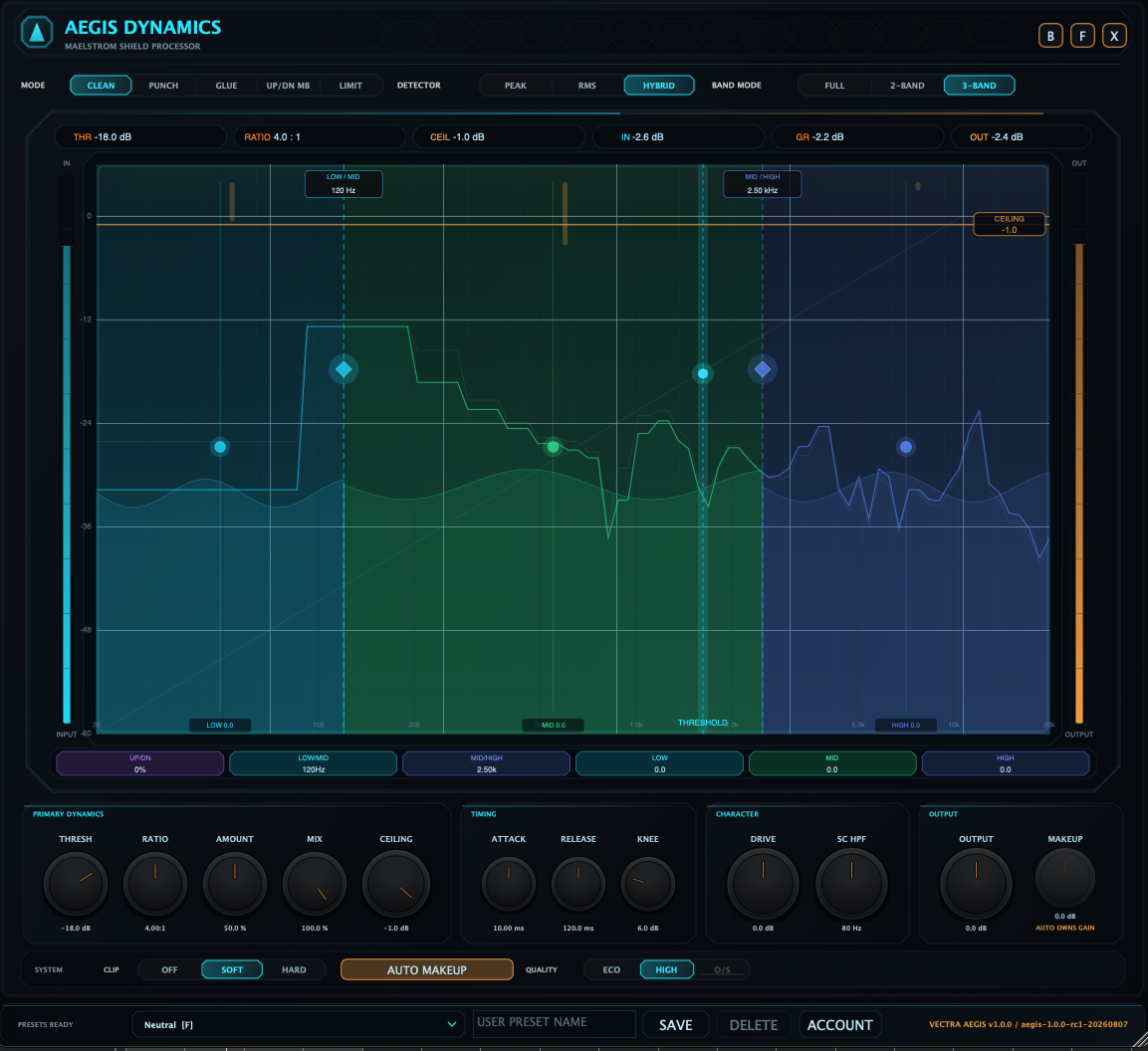 VECTRA AEGIS 1.0.0 three-band dynamics interface