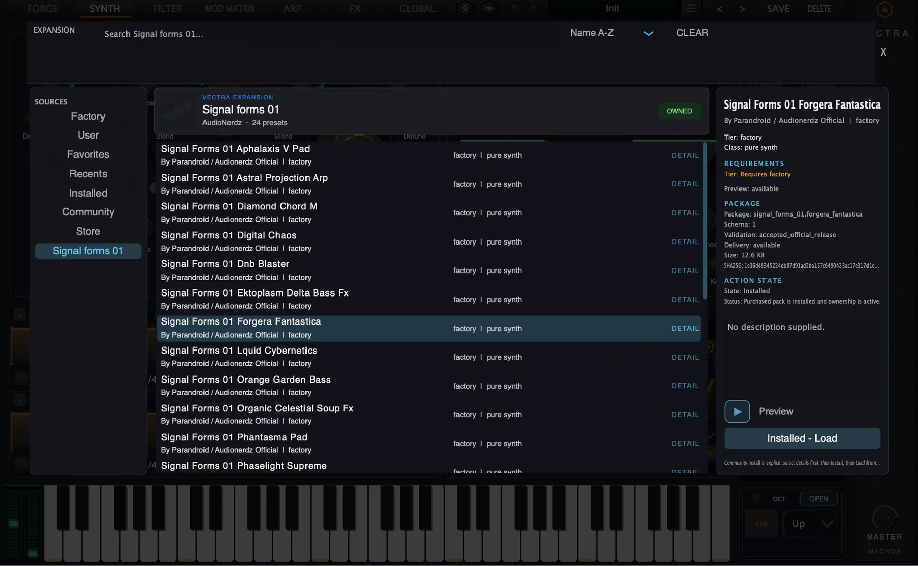 SIGNAL FORMS 01 preset browser inside VECTRA