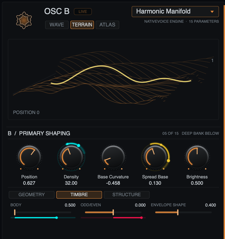 Close-up of the real Forge Live Harmonic Manifold material controls