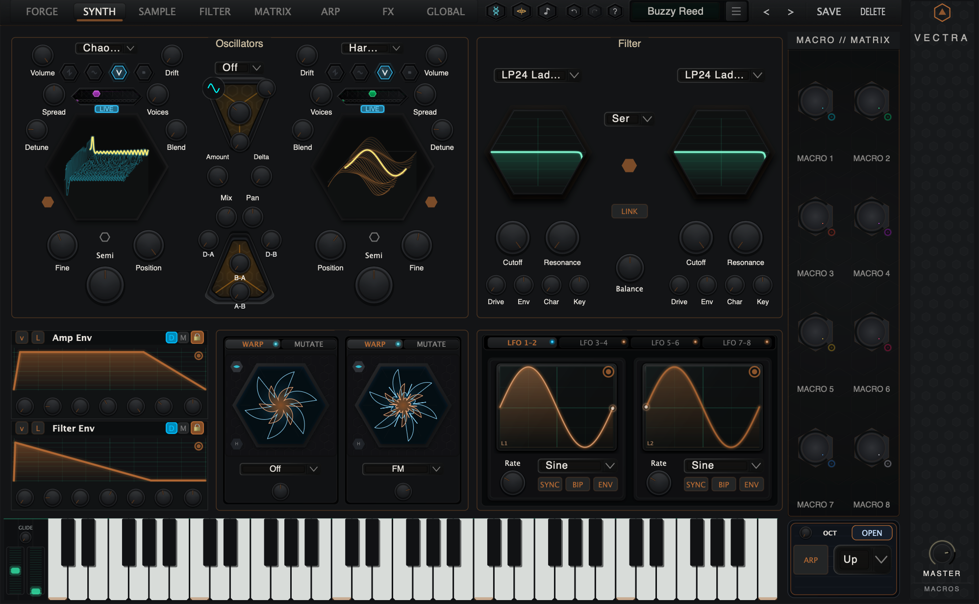 Actual VECTRA synthesizer page with Forge Live oscillators A and B
