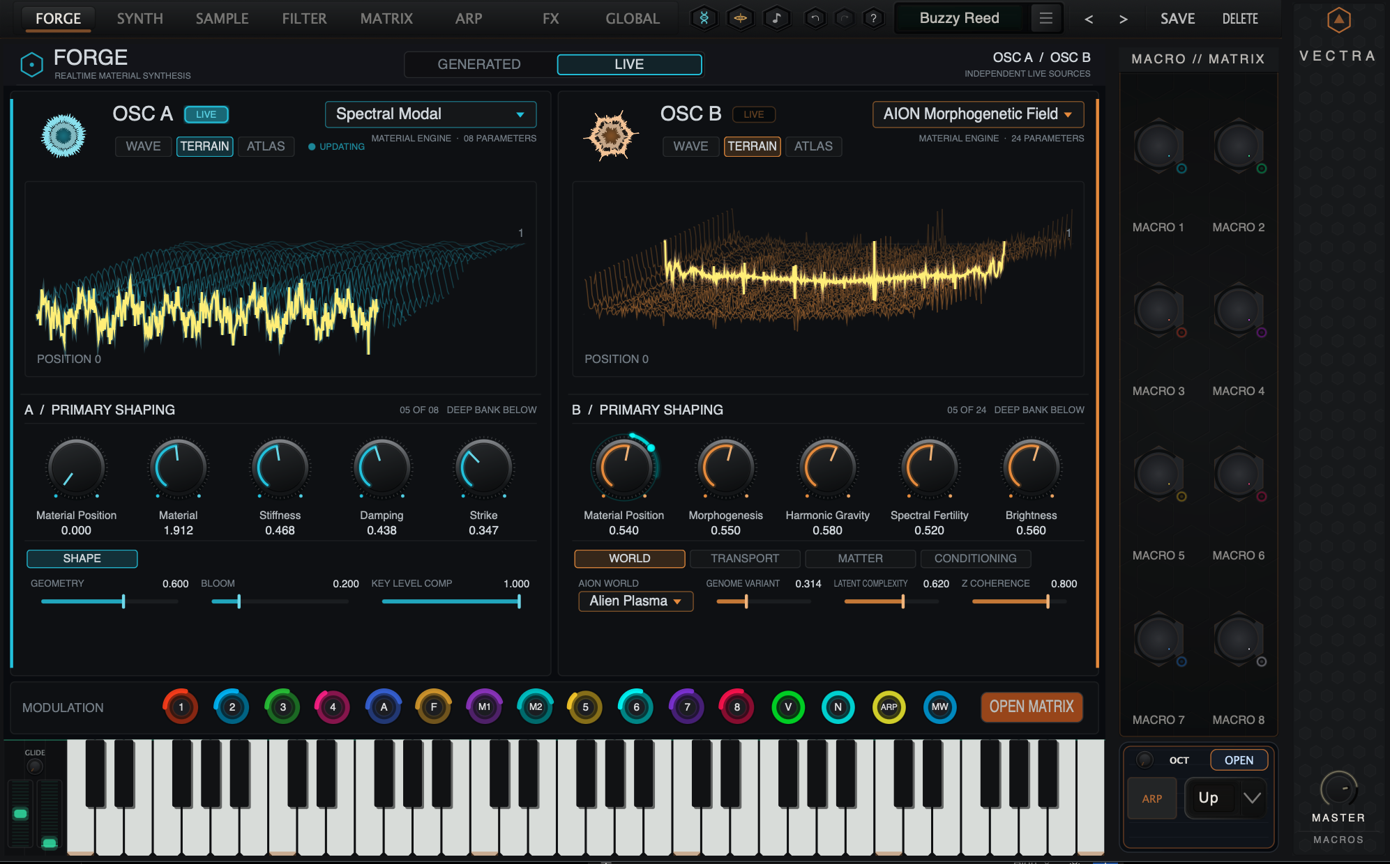 Actual VECTRA Forge Live panel, showing two playable procedural oscillator engines and their live material displays