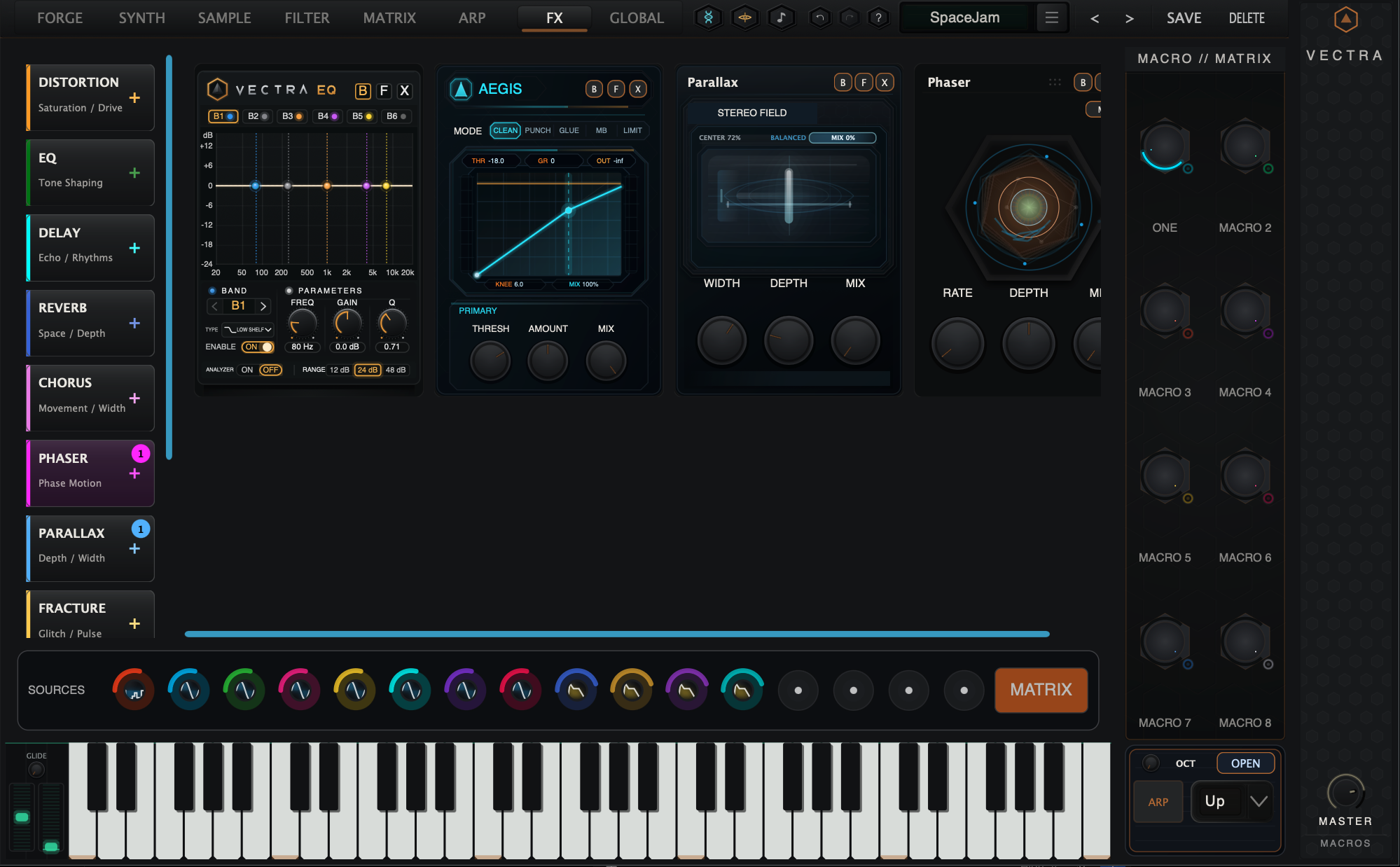 Unmodified owner-provided VECTRA Maelstrom processor-chain rack with several effects and editable controls